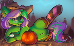 Size: 1600x1000 | Tagged: safe, artist:alphadesu, oc, oc only, oc:buggy code, pony, unicorn, belly, belly button, clothes, featureless crotch, female, glasses, halloween, hat, holiday, mare, open mouth, pumpkin, socks, solo, striped socks, watch