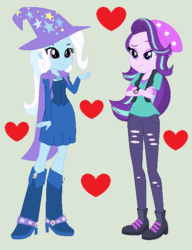 Size: 482x628 | Tagged: safe, artist:themexicanpunisher, starlight glimmer, trixie, equestria girls, g4, cape, clothes, female, hat, lesbian, ship:startrix, shipping, trixie's cape, trixie's hat