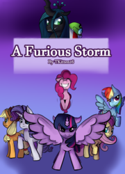 Size: 1080x1500 | Tagged: safe, artist:tkitten16, applejack, fluttershy, pinkie pie, queen chrysalis, rainbow dash, rarity, twilight sparkle, alicorn, pony, fanfic:a furious storm, g4, crossover, fanfic, fanfic art, fanfic cover, fawful, flying, frown, group, jumping, mane six, mario & luigi, raised hoof, smiling, twilight sparkle (alicorn), wings