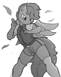 Size: 660x824 | Tagged: safe, artist:theburningdonut, scootaloo, pegasus, anthro, g4, clothes, feather, female, fighting stance, monochrome, serious, serious face, shorts, socks, solo, thigh highs, vest