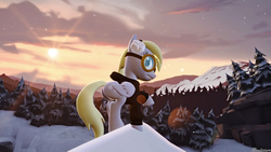 Size: 1920x1080 | Tagged: safe, artist:minutexium, derpy hooves, pony, g4, 3d, bomber jacket, clothes, earmuffs, female, gmod, goggles, jacket, mailmare, mountain, mountain range, snow, solo, winter