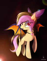 Size: 2924x3776 | Tagged: safe, artist:zidanemina, oc, oc only, oc:dream maker, bat pony, pony, bat pony oc, bow, cute, cute little fangs, ear fluff, eyeshadow, fangs, female, flying, hair bow, high res, jewelry, looking at you, makeup, mare, necklace, open mouth, slit pupils, smiling, solo, spread wings, wings
