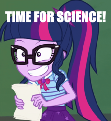 Size: 515x561 | Tagged: safe, screencap, sci-twi, twilight sparkle, equestria girls, equestria girls specials, g4, my little pony equestria girls: better together, my little pony equestria girls: forgotten friendship, caption, female, geode of telekinesis, glasses, grin, image macro, magical geodes, meme, science, smiling, text, this will end in science