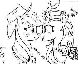 Size: 1280x1054 | Tagged: safe, artist:kobato98, applejack, autumn blaze, earth pony, kirin, pony, g4, sounds of silence, autumnjack, black and white, boop, cute, duo, eye contact, female, grayscale, hat, lesbian, lineart, looking at each other, mare, monochrome, nose to nose, nose wrinkle, noseboop, shipping, sketch, smiling
