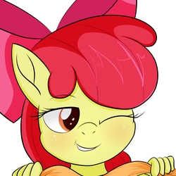 Size: 1212x1212 | Tagged: safe, artist:an-tonio, apple bloom, earth pony, anthro, g4, blushing, cropped, explicit source, female, one eye closed, solo, wink