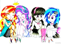 Size: 1923x1389 | Tagged: safe, artist:liaaqila, dj pon-3, octavia melody, starlight glimmer, sunset shimmer, vinyl scratch, vampire, equestria girls, g4, alternate universe, barefoot, bowtie, choker, clothes, crossed arms, dress, ear piercing, earring, eyes closed, feather, feet, female, fetish, foot fetish, jewelry, lesbian, maid, open mouth, piercing, ship:scratchtavia, ship:shimmerglimmer, shipping, shirt, simple background, skirt, socks, spiked choker, spiked wristband, stockings, tattoo, thigh highs, tickle torture, tickling, traditional art, white background, wristband