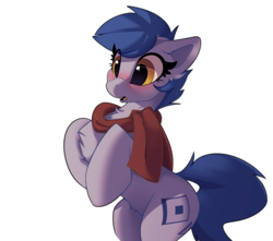 Size: 1280x1130 | Tagged: safe, artist:rileyisherehide, oc, oc only, oc:blueberry, earth pony, pony, background removed, bipedal, blushing, chest fluff, clothes, cute, cutie mark, hooves, scarf, solo, surprised