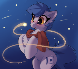 Size: 1280x1130 | Tagged: safe, alternate version, artist:rileyisherehide, oc, oc only, oc:blueberry, firefly (insect), pony, bipedal, blushing, chest fluff, clothes, cute, cutie mark, hooves, night, scarf, solo, stars, surprised