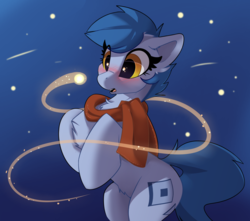 Size: 1280x1130 | Tagged: safe, artist:rileyisherehide, oc, oc only, oc:blueberry, firefly (insect), pony, bipedal, blushing, chest fluff, clothes, cute, cutie mark, hooves, night, scarf, solo, stars, surprised
