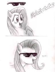 Size: 3930x5124 | Tagged: safe, artist:turbosolid, fluttershy, pegasus, pony, g4, deal with it, eyes closed, female, flutteryay, mare, meme, sunglasses, swag glasses, traditional art, yay