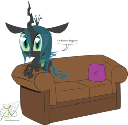 Size: 2325x2265 | Tagged: safe, artist:kylami, queen chrysalis, changeling, changeling queen, nymph, g4, chibi, couch, cushion, cute, cutealis, daaaaaaaaaaaw, dialogue, female, heart eyes, high res, pun, signature, simple background, solo, speech, transparent background, wingding eyes
