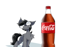 Size: 8000x5120 | Tagged: safe, artist:difis, oc, oc only, oc:grey matter, pony, absurd resolution, chest fluff, coca-cola, digital art, ear fluff, male, product placement, simple background, smiling, soda, solo, stallion, white background, wide eyes, ych result