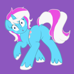 Size: 849x849 | Tagged: safe, artist:lannielona, oc, oc only, oc:sugardrop, pony, unicorn, animated, butt, digital art, female, freckles, gif, looking at you, looking back, looking back at you, mare, plot, purple background, shocked, simple background, solo, surprised, unshorn fetlocks, ych result
