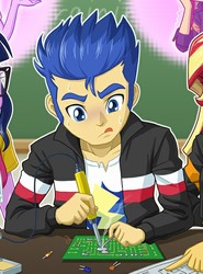 Size: 463x625 | Tagged: safe, artist:uotapo, flash sentry, sci-twi, sunset shimmer, twilight sparkle, equestria girls, g4, my little pony equestria girls: friendship games, clothes, cropped, jacket, male, soldering, soldering iron, solo focus, sweat, sweatdrop