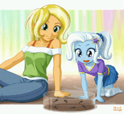 Size: 450x412 | Tagged: safe, artist:uotapo, sunflower spectacle, trixie, frog, equestria girls, g4, adorable distress, animated, clothes, cute, diatrixes, female, gif, mother and child, mother and daughter, one eye closed, open mouth, pants, ponytail, signature, skirt, socks, stars, tadpole, thigh highs, transformation, weapons-grade cute, wink, younger
