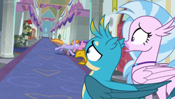 Size: 1280x720 | Tagged: safe, screencap, auburn vision, berry blend, berry bliss, gallus, silverstream, earth pony, griffon, hippogriff, pony, a matter of principals, g4, armor, background pony, female, friendship student, male, mare, running, scared, stallion