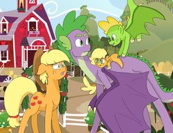 Size: 1021x783 | Tagged: safe, artist:spiderbot1, applejack, spike, dracony, dragon, hybrid, g4, alternate hairstyle, description is relevant, female, interspecies offspring, male, offspring, older, older spike, parent:applejack, parent:spike, parents:applespike, ship:applespike, shipping, story included, straight, sweet apple acres, winged spike, wings
