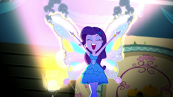 Size: 1920x1080 | Tagged: safe, screencap, rarity, a photo booth story, eqg summertime shorts, equestria girls, g4, burning, eyes closed, fake wings, fall formal outfits, geode of shielding, glimmer wings, magical geodes, smiling, smoke, wings