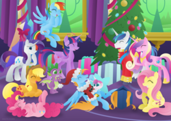 Size: 3507x2480 | Tagged: safe, artist:lavenderrain24, applejack, fluttershy, pinkie pie, princess cadance, princess flurry heart, rainbow dash, rarity, shining armor, spike, twilight sparkle, oc, oc:harmony star, alicorn, dragon, pony, best gift ever, g4, alicorn oc, baby, baby pony, christmas, christmas lights, christmas tree, clothes, costume, cute, female, flurrybetes, gift wrapped, hearth's warming, high res, holiday, male, mane seven, mane six, new crown, present, santa costume, ship:shiningcadance, shipping, star flurry heart, straight, tree, twilight sparkle (alicorn), winged spike, wings