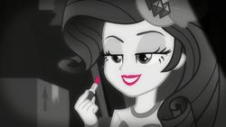 Size: 1920x1080 | Tagged: safe, screencap, rarity, equestria girls, equestria girls series, g4, rarity investigates: the case of the bedazzled boot, detective rarity, female, lidded eyes, lips, lipstick, monochrome, neo noir, partial color, rarity being rarity, rarity investigates (eqg): trixie, smiling, solo