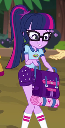 Size: 294x575 | Tagged: safe, screencap, flash sentry, sci-twi, twilight sparkle, equestria girls, g4, my little pony equestria girls: legend of everfree, backpack, camp everfree outfits, clothes, cropped, female, glasses, hand, implied sunset shimmer, legs, offscreen character, ponytail, shorts, socks