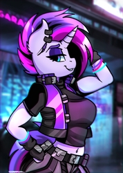 Size: 3200x4500 | Tagged: safe, artist:ciderpunk, oc, oc only, oc:synthwave, unicorn, anthro, anthro oc, belly button, clothes, cyberpunk, ear piercing, earring, futuristic, glowstick, jewelry, piercing, vest