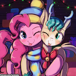 Size: 750x750 | Tagged: safe, artist:lumineko, alice the reindeer, pinkie pie, deer, earth pony, pony, reindeer, best gift ever, g4, :p, adoralice, clothes, cute, diapinkes, female, hug, mare, scarf, silly, smiling, tongue out, winter outfit