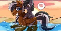 Size: 1280x660 | Tagged: safe, artist:wicklesmack, oc, oc only, oc:mortarboard, earth pony, inflatable pony, pegasus, pony, braid, floating, floaty, grin, heart, inflatable, inflatable toy, ocean, pictogram, ponies riding ponies, pool toy, riding, smiling, sunset