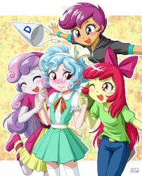 Size: 809x1000 | Tagged: safe, alternate version, artist:uotapo, apple bloom, cozy glow, scootaloo, sweetie belle, equestria girls, g4, marks for effort, animated, blushing, bow, clothes, cozy glow is best facemaker, cozybetes, crazy glow, cute, cutie mark crusaders, dunce hat, equestria girls-ified, eyes closed, female, gif, group, hat, holding hands, insanity, one eye closed, pants, puffy sleeves, quartet, this will end in betrayal, this will end in tears, this will not end well, wink, yandere, yandereglow