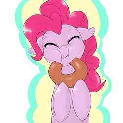 Size: 1536x1536 | Tagged: safe, artist:kurogewapony, pinkie pie, earth pony, pony, g4, bagel, bread, cute, diapinkes, donut, eating, eyes closed, female, floppy ears, food, happy, mare, munching, pixiv, smiling, solo