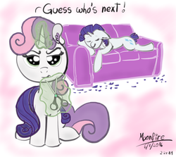 Size: 2048x1828 | Tagged: safe, artist:moonfire, rarity, sweetie belle, pony, unicorn, g4, couch, dialogue, pure unfiltered evil, scissors, sleeping, the fourth wall cannot save you, this will end in tears