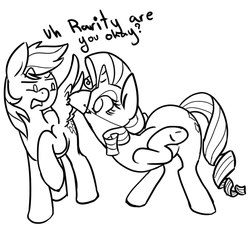 Size: 559x515 | Tagged: safe, artist:anonymous, rainbow dash, rarity, pony, g4, animal costume, chicken suit, clothes, comic, costume, drawthread, duo, duo female, female, grooming, lineart, mare, one-panel comic, preening, raised hoof, requested art, shocked, shocked expression, simple background, sketch, standing on two hooves, white background, wings