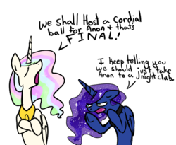 Size: 555x456 | Tagged: safe, artist:anonymous, princess celestia, princess luna, alicorn, pony, g4, argument, bipedal, comic, drawthread, duo, duo female, female, implied anon, mare, one-panel comic, requested art, simple background, transparent background