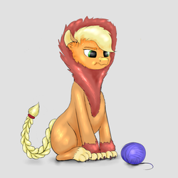 Size: 1500x1500 | Tagged: artist needed, source needed, safe, applejack, earth pony, pony, g4, animal costume, applelion, clothes, costume, scrunchy face, sweat, sweatdrops, yarn, yarn ball