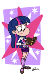 Size: 817x1404 | Tagged: safe, artist:jmdoodle, twilight sparkle, human, g4, book, colored, cutie mark, humanized, smiling, stars, style emulation, the loud house