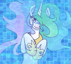 Size: 665x600 | Tagged: safe, artist:reiduran, artist:rustydooks, edit, princess celestia, alicorn, pony, g4, blushing, chest fluff, cute, cutelestia, female, grin, hoof shoes, looking at you, on back, peytral, smiling, solo, underwater, water