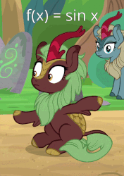 Size: 600x851 | Tagged: safe, edit, edited screencap, screencap, cinder glow, sparkling brook, summer flare, kirin, pony, g4, sounds of silence, animated, caption, cute, female, frown, gif, image macro, kirinbetes, leg fluff, math, noodle arms, sine wave, sitting, solo focus, text, waving, wide eyes