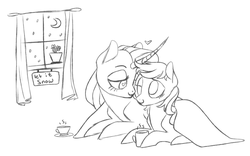 Size: 1409x880 | Tagged: safe, oc, oc only, pegasus, pony, unicorn, blanket, couple, curved horn, duo, flower, horn, monochrome, moon, mug, nuzzling, sketch, smiling, snow, window, wingding eyes, winter