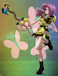 Size: 2020x2638 | Tagged: safe, artist:mauroz, fluttershy, human, g4, clothes, disney, female, high res, humanized, keyblade, kingdom hearts, kingdom hearts 3, looking at you, raised leg, solo, square enix, video game crossover