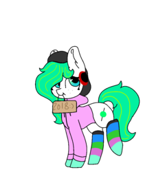 Size: 940x980 | Tagged: safe, artist:nootaz, oc, oc only, oc:mints, earth pony, pony, 2019 community collab, derpibooru community collaboration, clothes, sign, simple background, socks, solo, striped socks, transparent background