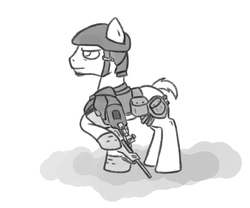 Size: 900x750 | Tagged: safe, pony, armor, grayscale, gun, helmet, monochrome, rifle, short tail, simple background, sketch, sniper rifle, soldier, weapon, white background