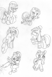 Size: 1102x1630 | Tagged: safe, artist:midwestbrony, applejack, fluttershy, pinkie pie, rainbow dash, rarity, twilight sparkle, alicorn, earth pony, pegasus, pony, unicorn, g4, bomb, boots, bunny ears, christmas, easter bunny, easter egg, fake ears, female, food, funny glasses, glasses, happy new year, happy new year 2016, hat, helmet, holiday, jumping, lineart, mane six, mare, monochrome, mouth hold, pie, saddle bag, saint patrick's day, santa hat, santa sack, shoes, sketch, smiling, traditional art, twilight sparkle (alicorn), weapon