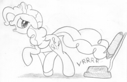 Size: 1182x764 | Tagged: safe, artist:midwestbrony, pinkie pie, earth pony, pony, g4, abuse, adorable distress, behaving like a cat, behaving like a dog, cute, female, fleeing, monochrome, pinkiebuse, scared, sketch, solo, traditional art, vacuum cleaner
