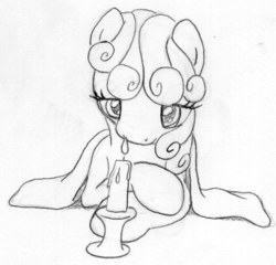 Size: 544x523 | Tagged: safe, artist:midwestbrony, sweetie belle, pony, g4, blanket, candle, female, monochrome, sketch, solo, traditional art