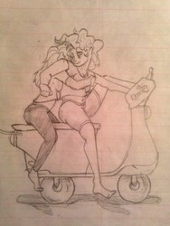 Size: 960x1280 | Tagged: safe, pinkie pie, rainbow dash, human, g4, breasts, female, friendshipping, humanized, lined paper, monochrome, moped, sketch, traditional art