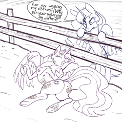 Size: 1000x1000 | Tagged: artist needed, source needed, safe, princess celestia, princess luna, alicorn, pony, g4, accessory theft, angry, bipedal leaning, butt, dirt, dirty, duo, female, fence, horses doing horse things, mare, mud, plot, rolling, royal sisters, sketch