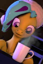 Size: 2160x3240 | Tagged: safe, artist:quicktimepony, oc, oc only, oc:soloist song, pony, 3d, christmas, coffee, cup, hair, hat, high res, holiday, night, santa hat, solo, source filmmaker
