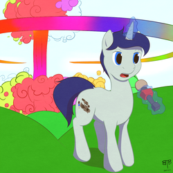 Size: 1000x1000 | Tagged: safe, artist:btbunny, oc, oc only, pony, unicorn, explosion, male, microphone, reporter, solo