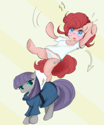 Size: 1292x1552 | Tagged: safe, artist:mabo3, maud pie, pinkie pie, earth pony, pony, semi-anthro, g4, arm hooves, blushing, clothes, cute, diapinkes, female, mare, maudabetes, panties, shirt, underwear