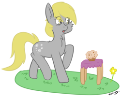 Size: 1030x846 | Tagged: safe, artist:exvius, derpy hooves, pony, g4, cute, female, flower, food, grass, muffin, solo, surprised, table